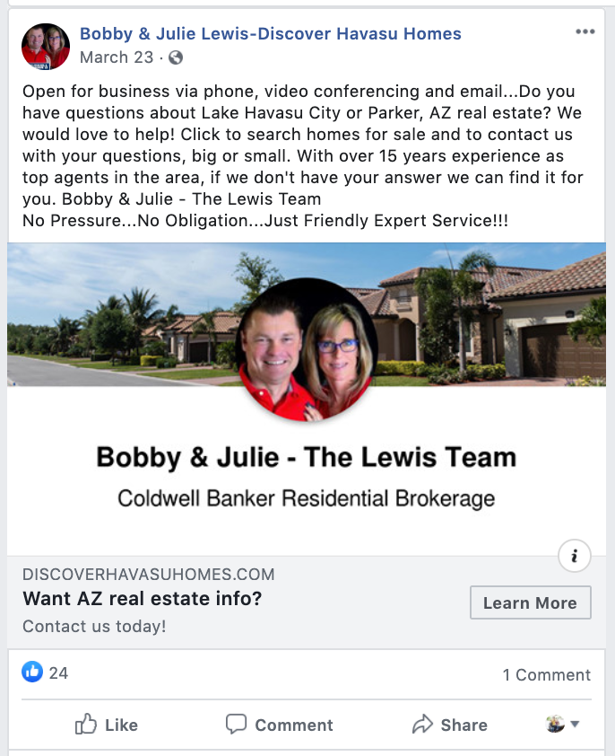 Bobby and Julie Lewis Team Facebook Ad